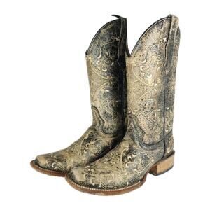 Circle G Corral Women US6M black Crackle Bone Embroidery Leather Western Boots